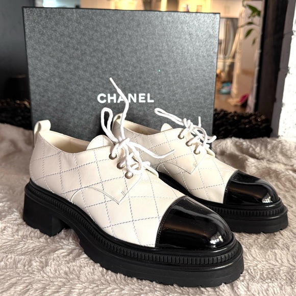 CHANEL Shoes - Chanel Lace Up Black and White Leather Oxford Shoes